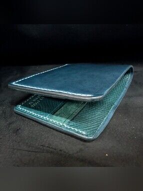 Handcrafted Rocado Shell Cordovan Bifold Wallet Color Petrol Red Cedar Leather